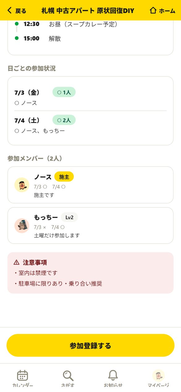 日ごとの参加状況と参加メンバー