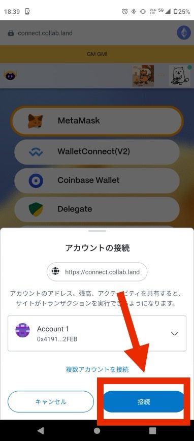 アカウントの接続画面